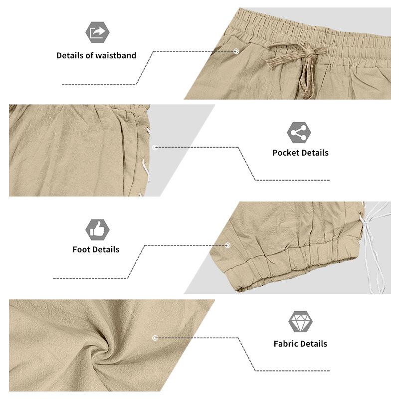 Men's Linen Casual Shorts Side Drawstring Cotton Linen Breathable Beach Pants Summer Lightweight Loose Fit Straight Leg