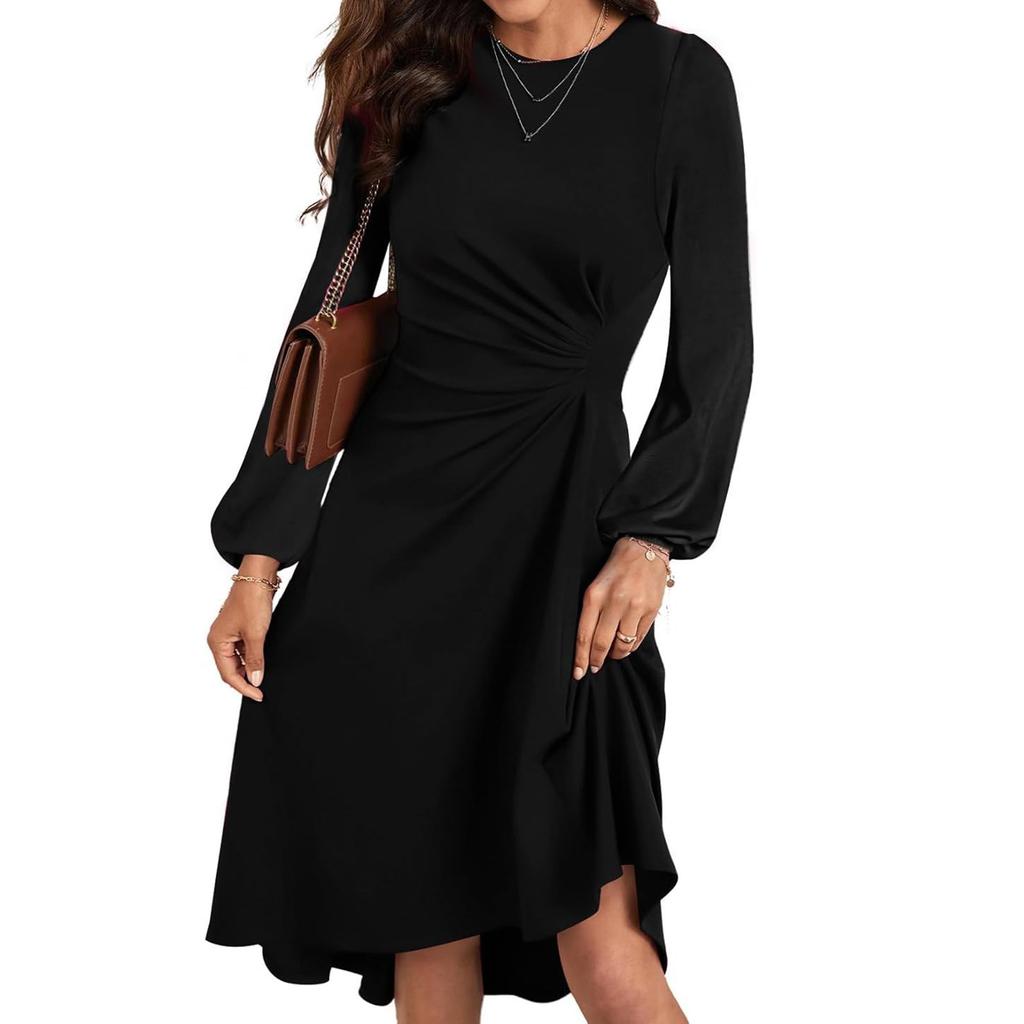 Women's Fashion Round Neck Pullover Long Sleeve Slim Split Irregular Dresses