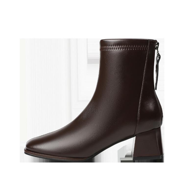 High Heel Square Head Short Boots Martin Boots Spring and Autumn Fleece Single Boots Women's Boots Rear Zipper Short Boots Women's Thick Heel Boots