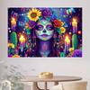 Magic Starry night scene background cloth - Bright sunflowers, candles and purple roses - Death Day inspired party decoration