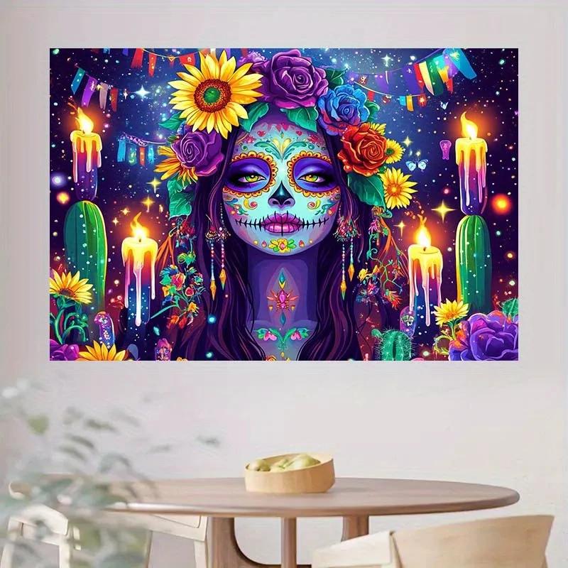 Magic Starry night scene background cloth - Bright sunflowers, candles and purple roses - Death Day inspired party decoration