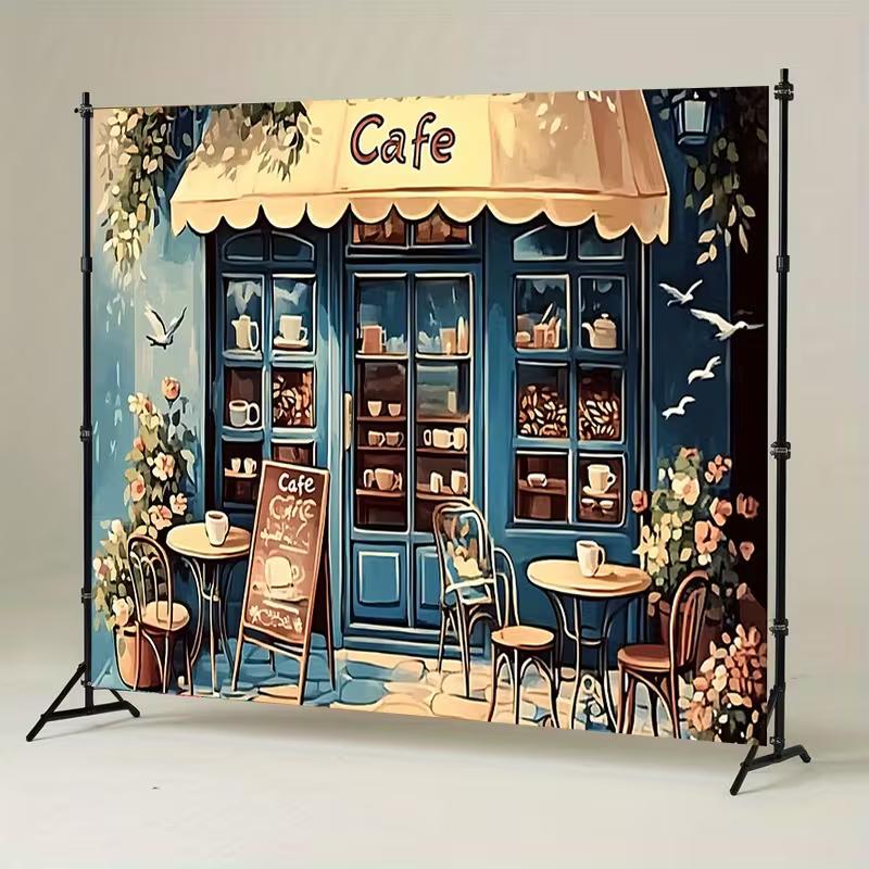 2D French Cafe Backdrop, Vintage Coffee Shop Photography Background Banner