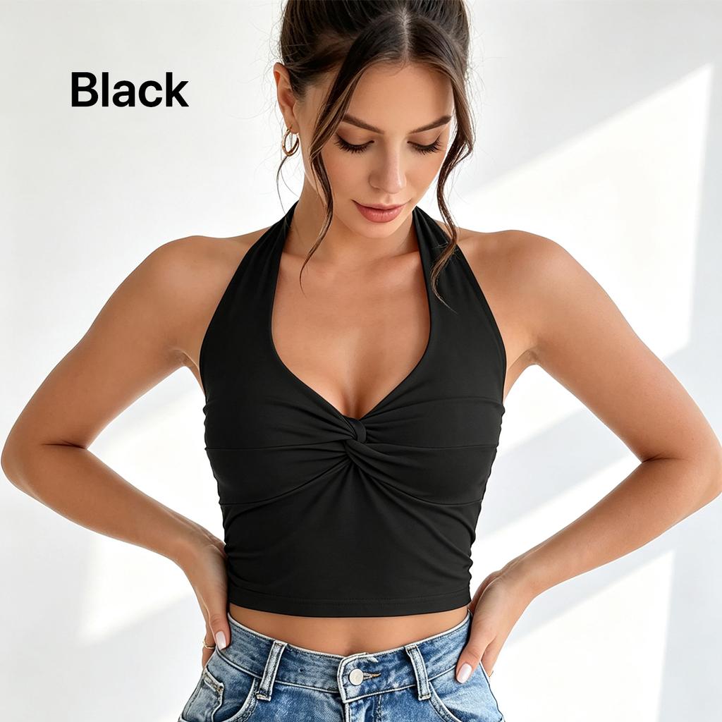 Damen Neckholder Ärmelloses Tanktop Verdrehte Vorderseite Tiefes V-Ausschnitt Schmale Passform Einfarbig Kurz Lässig Sommer Crop Bluse