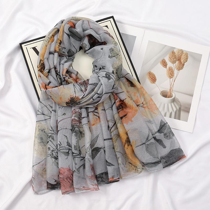 Winter Retro Branch Floral Viscose Shawl Scarf Lady Print Voile Thin Pashmina Hijab and Wraps Foulard Muslim Sjaal 180*85Cm