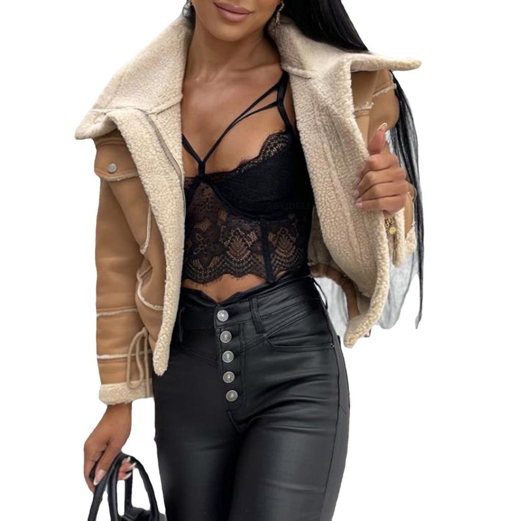 Autumn and Winter Jacket Lamb Wool Short Jacket Zipper Motorcycle Style PU Leather Jacket Top Women