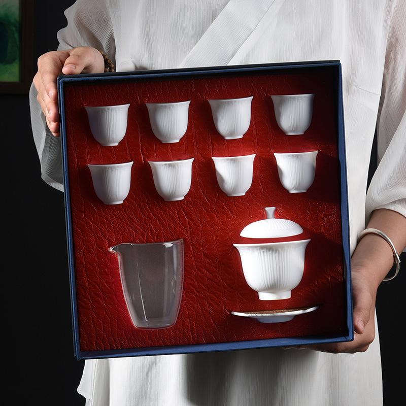 White Porcelain Kung Fu Tea Set, Household Simple Teapot, Teacup Ceramic Cover Bowl, Complete Set of High-end White Porcelain Gifts
