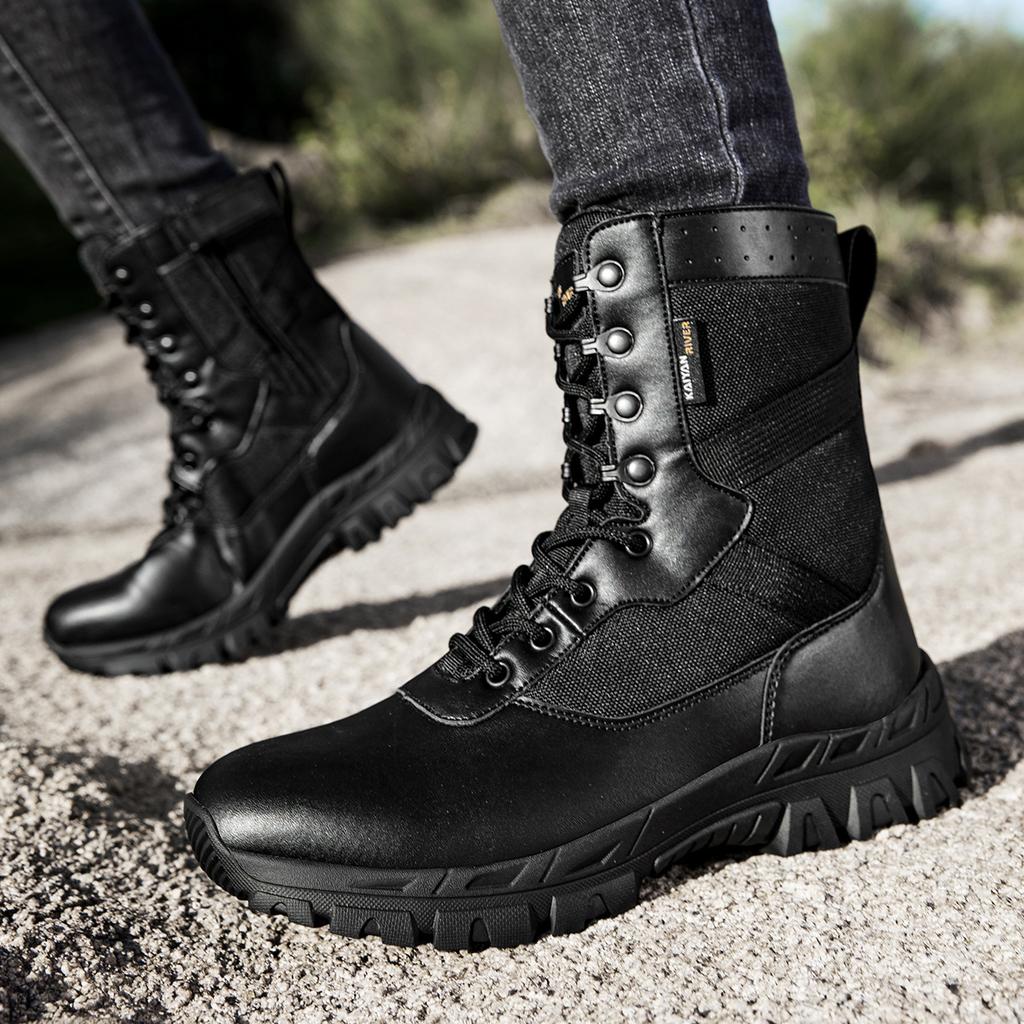 Combat Boots Outdoor Waterproof and Non-slip Tactical Boots Training Shoes Desert Mountaineering Men's Mid-top Shoes Tactical Training