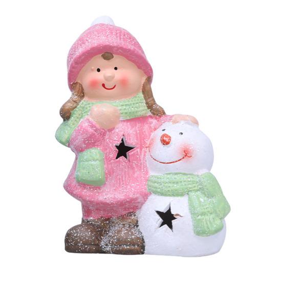 Lighted Ceramic Christmas Figurine Cute Light Up Boy Girl Tree Snowman Statue for Holiday Winter Indoor Mantel Tabletop Fireplace Decor