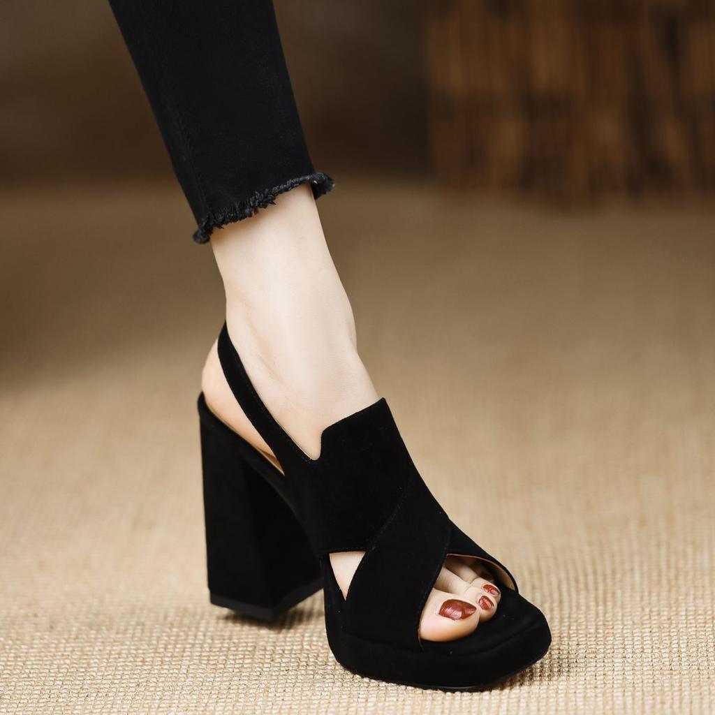 Handmade Women's Shoes Summer 2025 New Waterproof Table High Heel Heightening Matte Leather Sandals Thick Heel Blue Women's Sandals