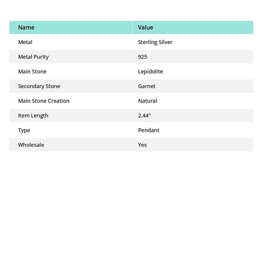 Lepidolite, Garnet Handmade 925 Sterling Silver Gift Pendant 2.44" P4O96