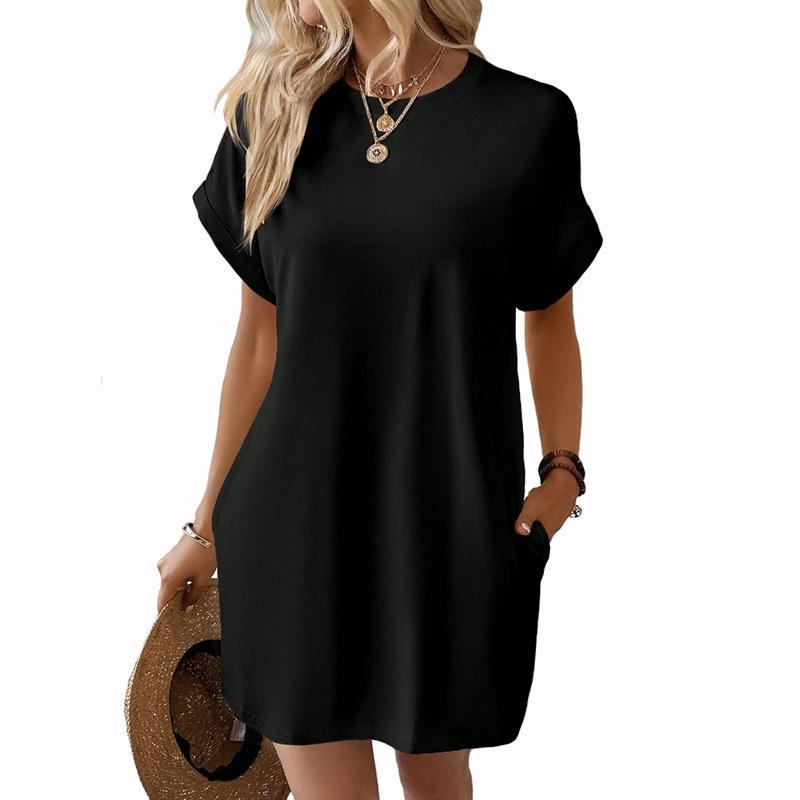 Women's Spring and Summer New Solid Color Round Neck Casual Breathable Loose Short Sleeve Pocket Dress