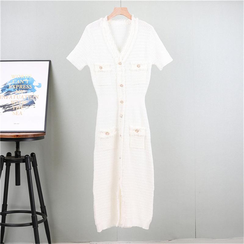 

Летнее женское трикотажное платье с коротким рукавом Однотонное, подчеркивающее темперамент, стройнящее миди-платье One Size белый