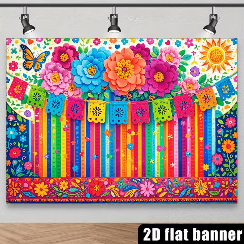2D Fiesta Birthday Backdrop Colorful Mexican Banner with Flowers and Papel Picado