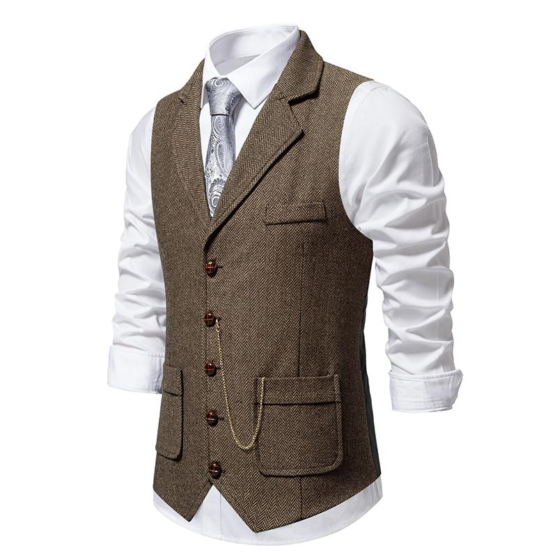 Pánská retro vesta s klopou řetízku móda rybí kost hrubý tvíd kapsy vesta britská ležérní vintage gentleman volný čas párty