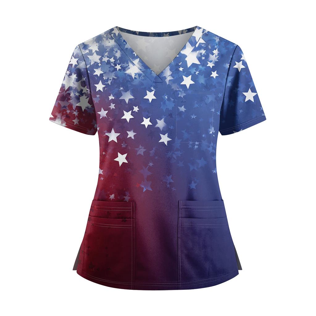 Women's Independence Day Print V-Neck Double Pocket Short Sleeve Uniform with Slit Hem - Caregiver Top