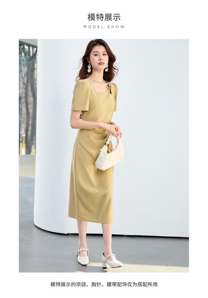 26 Year New Summer Pleated Waist Slimming and Slimming Mid Length Skirt Versatile and Elegant Slit Short Sleeved Skirt Dress