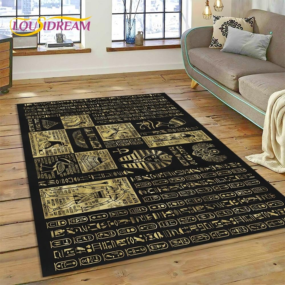 3D Pharaoh Hieroglyphic Egyptian Mythology HD Rug Carpet for Living Room Bedroom Home Decor,Non-slip Decoration for Sofa Doormat