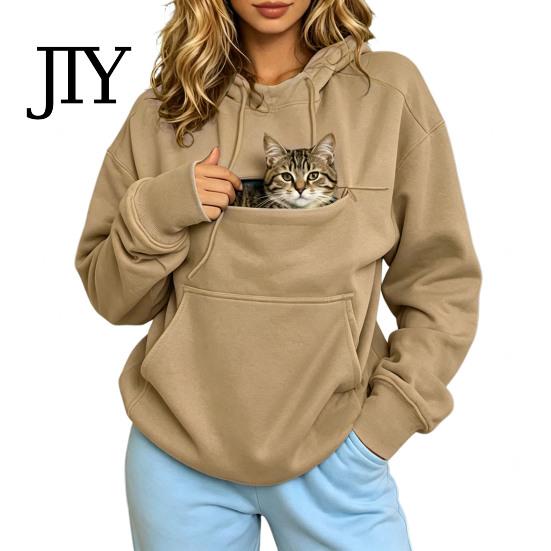 Casual Pullover Top Women Hoodie with Pet Pouch, Solid Color Hooded Sweatshirt Kangaroo Cat Pouch Pocket Pocket, for Carrying Small Dogs Cats
