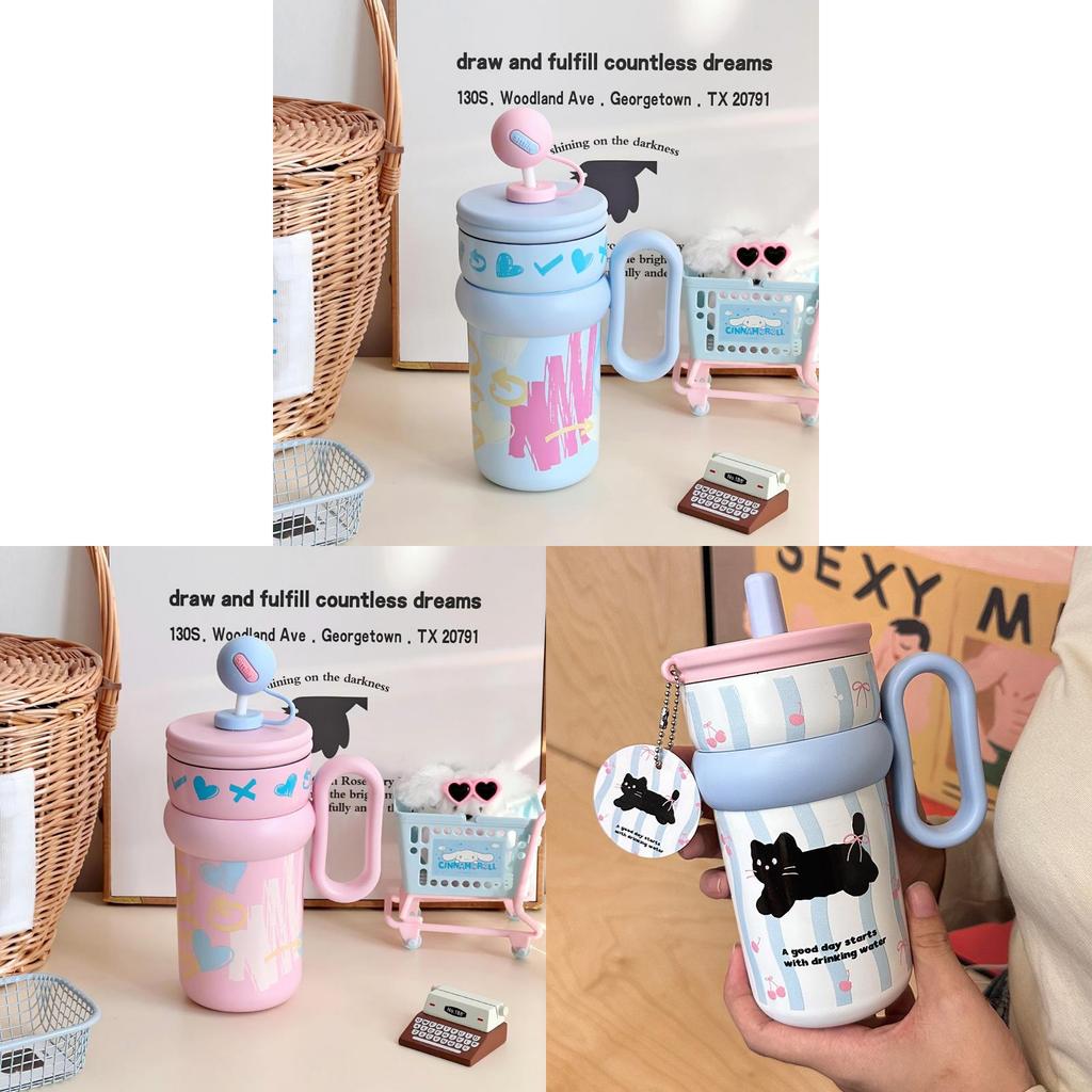Cartoon Style Insulation Cup For Girls With Large Capacity And Builtin Straw For Home Use