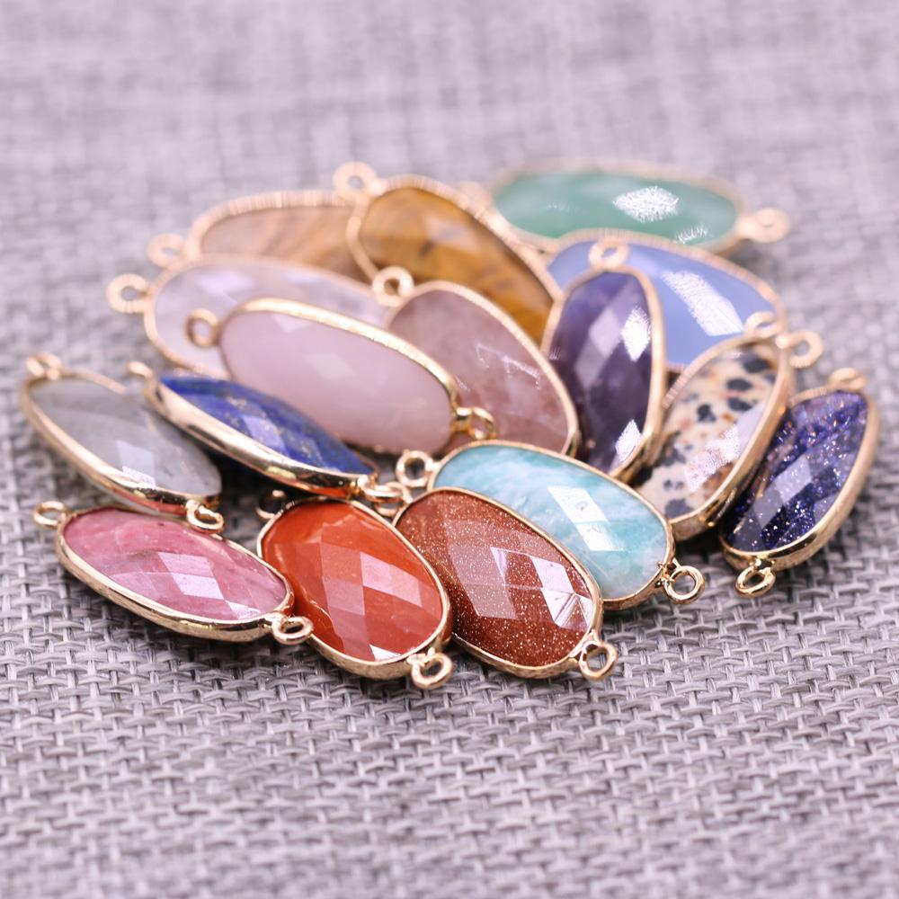1Pc Reiki Healing Crystal Connector, Energy Natural Stone Oval Quartz Agate Amethyst Gemstone Pendant Charms Connectors for DIY Jewelry Making Craft
