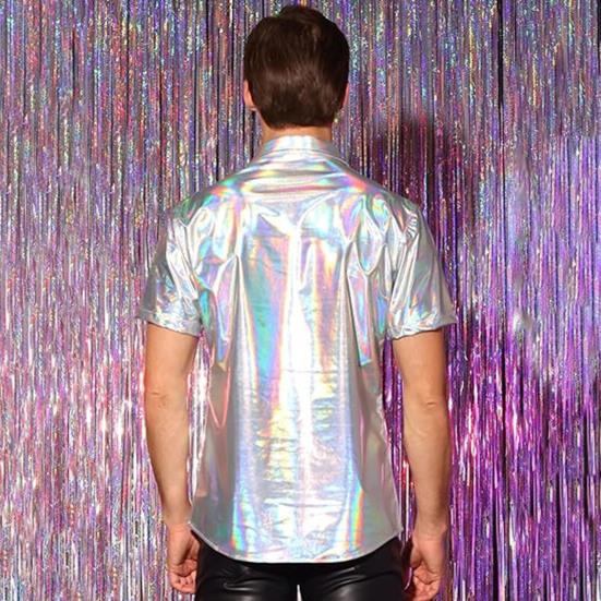 Pánská lesklá metalická košile s krátkým rukávem s klopou, zapínací na knoflíky, třpytivý disco outfit pro pódiové vystoupení, noční klub, taneční párty, bar
