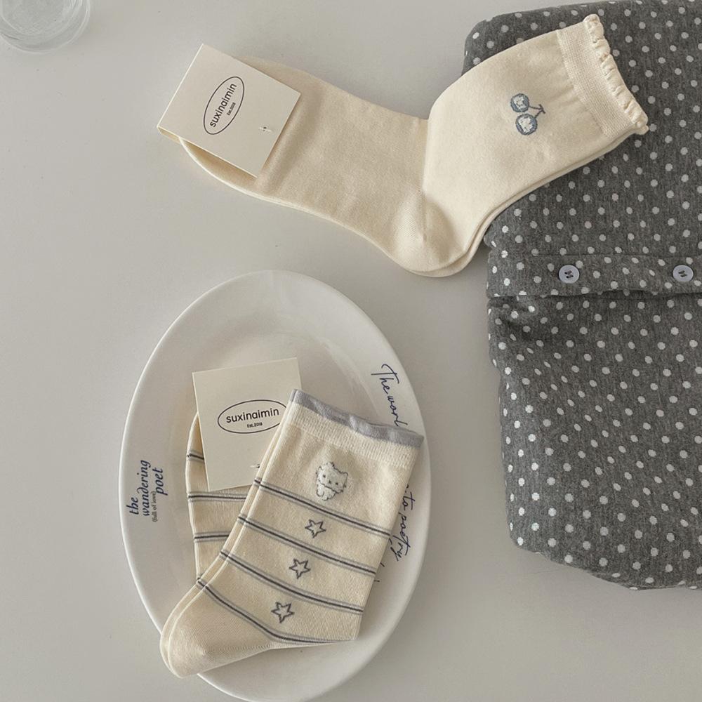 Cream-colored Mid-calf Socks, Cute Pile Socks, Spring-autumn Simple Cartoon Pile Socks