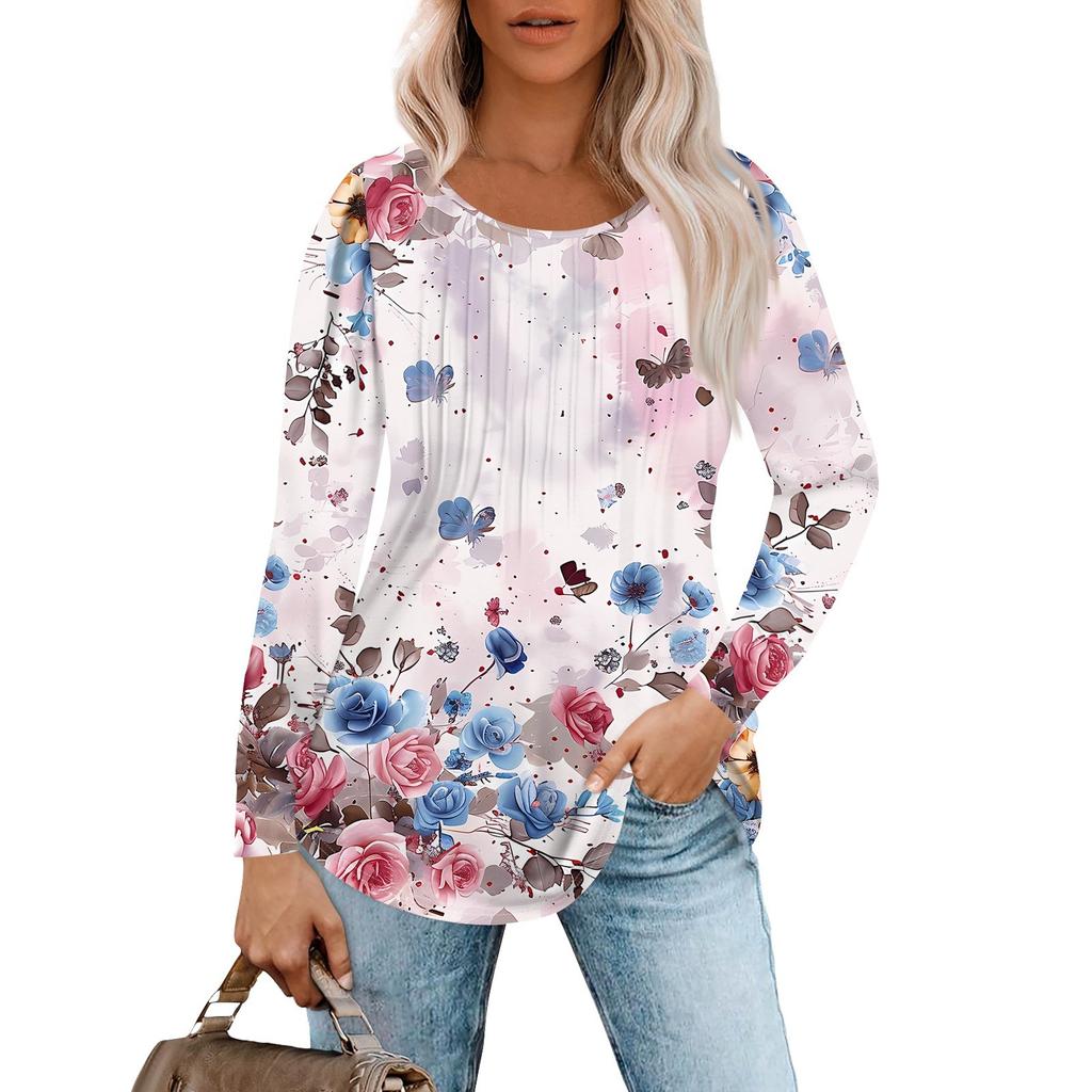 Long Sleeve Shirts For Women Tops Dressy Casual Blouses Pleated Scooped Neck Tunic Tops