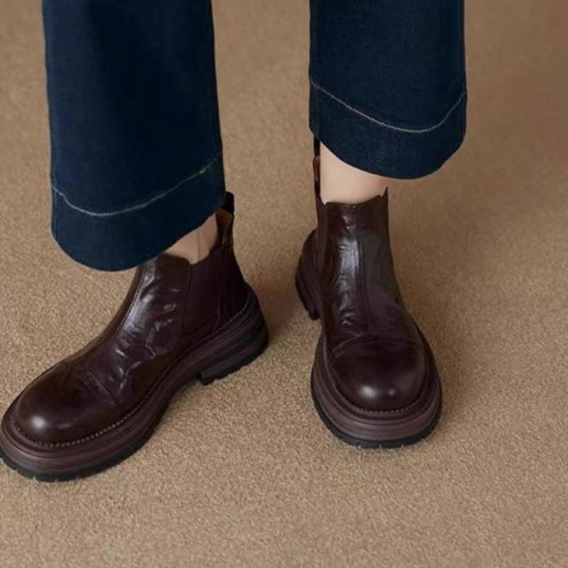 

Fashion Vintage Sheep Leather Round Toe Winter Warm Chelsea Boots Med Heels Slip on Superstar European Designer Ankle Boots 40 коричневый