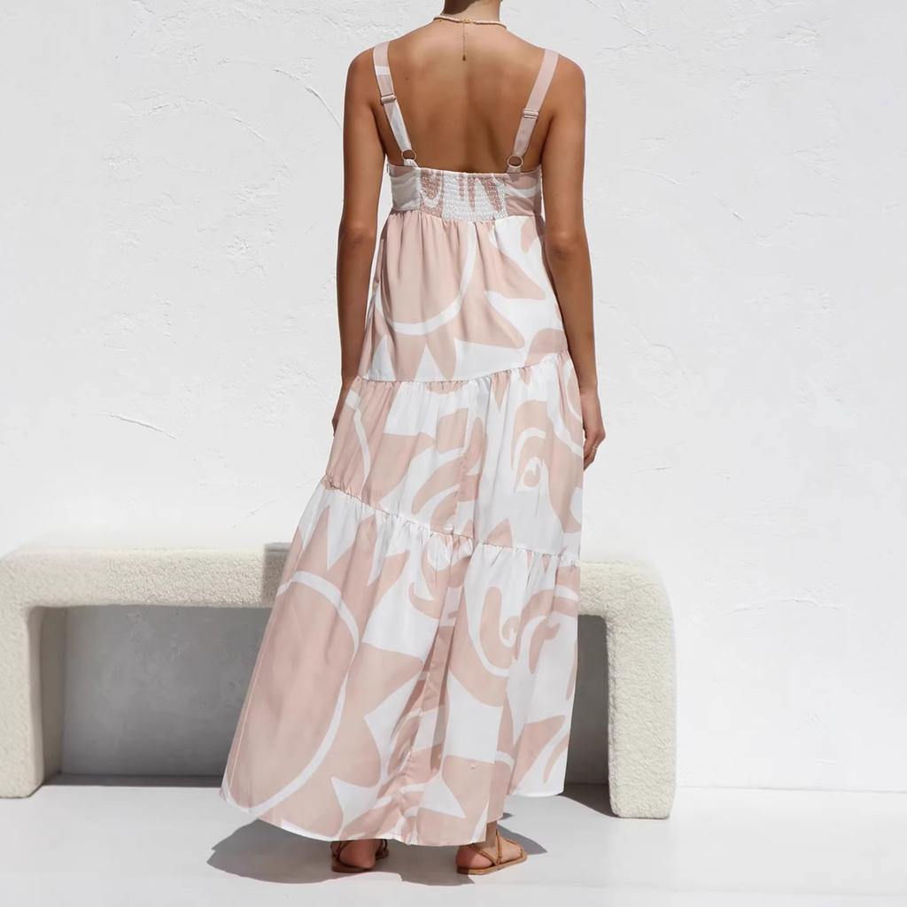 2026 Cross-border European and American Women's Clothing Summer Amazon Vacation Style Graffiti Printing Splicing Suspender Pendulum Dress Women