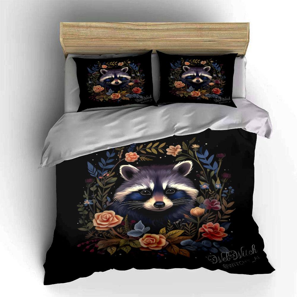 Set de așternut moale, prietenos cu pielea, cu decor Art Floral Raccoon Include 1 Față de plapumă și 2 Fețe de pernă Cadou
