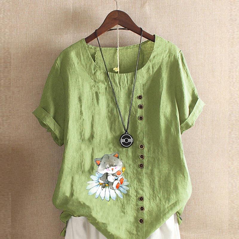 Camiseta de manga corta con estampado de gato para mujer, camisa holgada de algodón, blusa informal holgada de verano