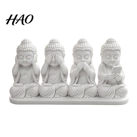 Artistic Tabletop Centerpiece 4-in-1 Mini Buddha Statue, See Hear Speak No Evil And Phone, 3D Printed Trendy Office Gadgets Zen Monk Feng Shui