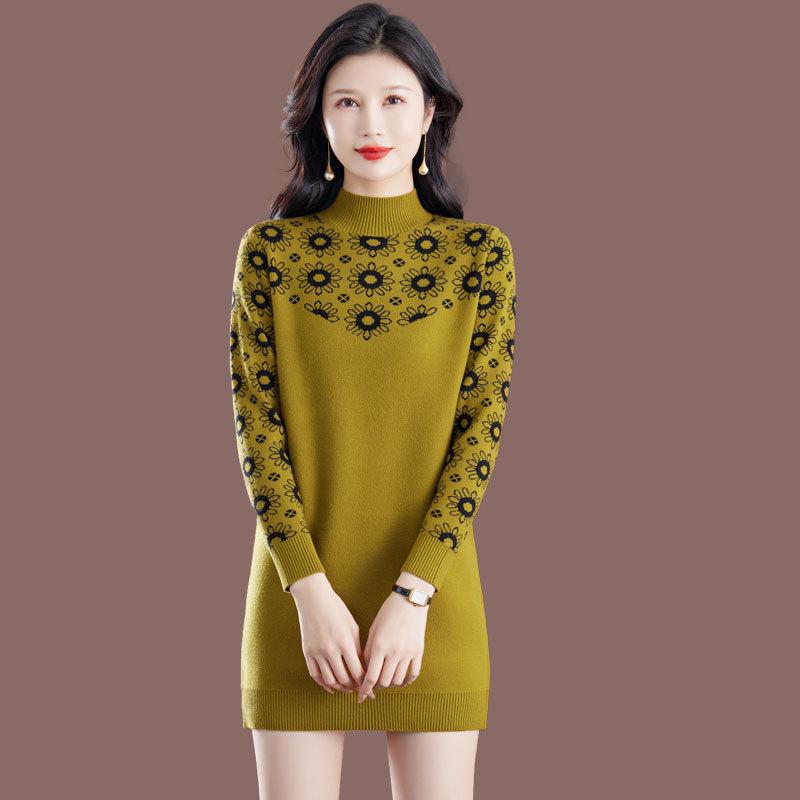 

Платье-свитер большого размера средней длины, женское, с полувысоким воротом, с цветочным принтом, с длинными рукавами, свободное трикотажное платье XL дубильная кора