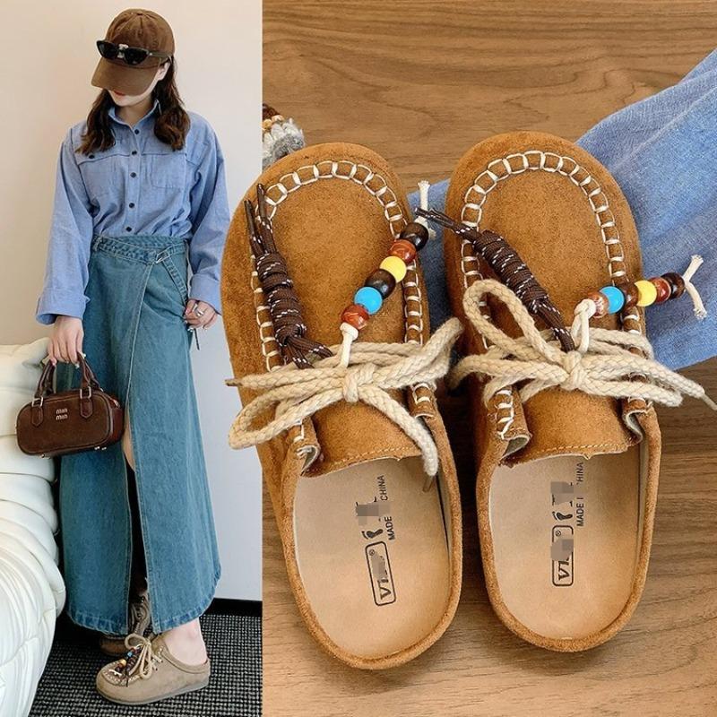 With skirt bag head and half slippers, women wear thick-soled autumn new one-pedal lazy single shoes