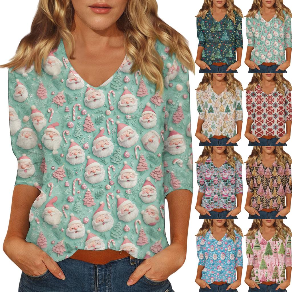 Women's Casual Fashionable Sexy Comfortable V-Neck Christmas Three-Quarter Sleeve Top
