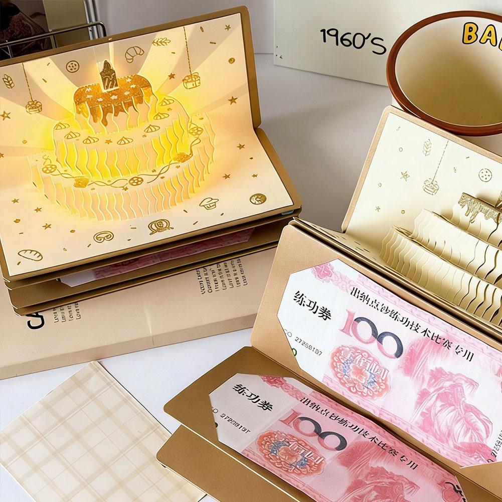 Traditional Foldable 3D HongBao Birthday Greeting Card DIY Packing Birthday Cake Money Bag Warm Best Wishes for Celebration