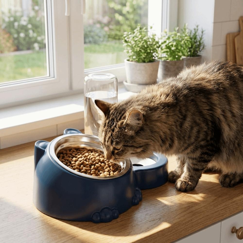 2 In 1 Cat Double Bowl Large Capacity Cat Water Dispenser Cat Feeder Bowl Daily Pet Feeding