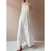 Baumwolle und Leinen Weißes Kleid Minimalistisch Gespleißter Träger Elegant Neu Locker Künstlerisch Langer Rock