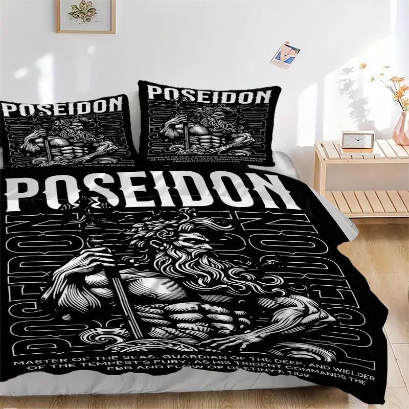 

3PCs Poseidon, Trident Design Cover Set, Breathable Fabric, Machine Washable (1 Duvet Cover + 2 Pillowcases) (Without Quilt) yy250911058 135x200cm