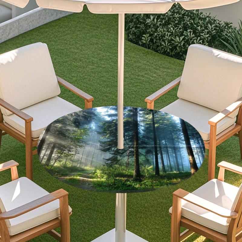 Outdoor Round Table Cover With Nature Print Waterproof Elastic Hem Patio Garden Deck
