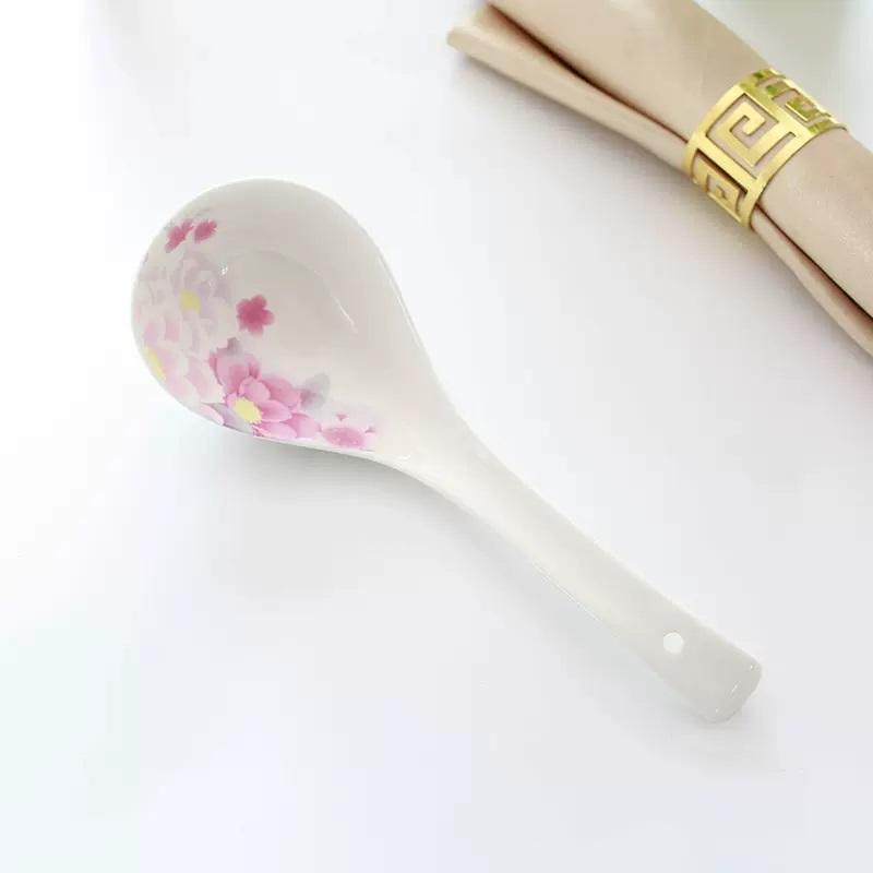 Bone china ramen spoon, pink floral design, porcelain ladle, ceramic serving spoon, catering serving buffet, spoons for cooking