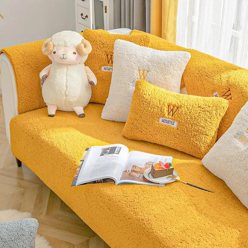 Lamb Plush Embroidery Sofa Cushion Winter Thickened Cushion Non-Slip Universal Living Room Sofa Cover Armrest Backrest Towels