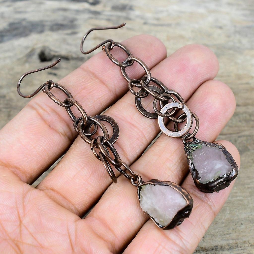 Rose Quartz Rough Earring Electroformed Copper Earrings Handmade Earring Electroformed Gemstone Jewelry Engagement Gifts Brand New Earrings
