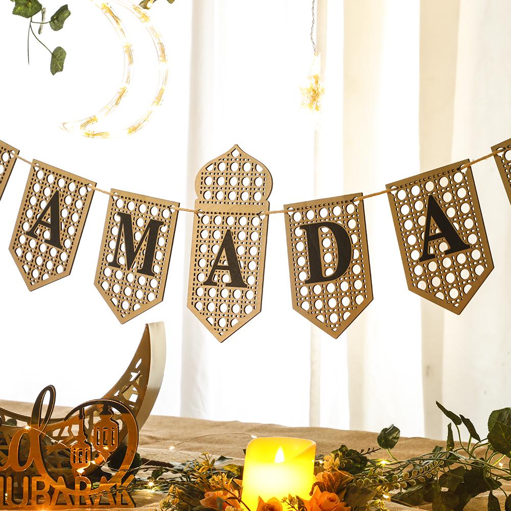 Ramadan Mubarak Banner Hollow Lantern Hanging Garland For Islamic Muslim Eid Festival Home Party Ornament Wall Decor Supplies