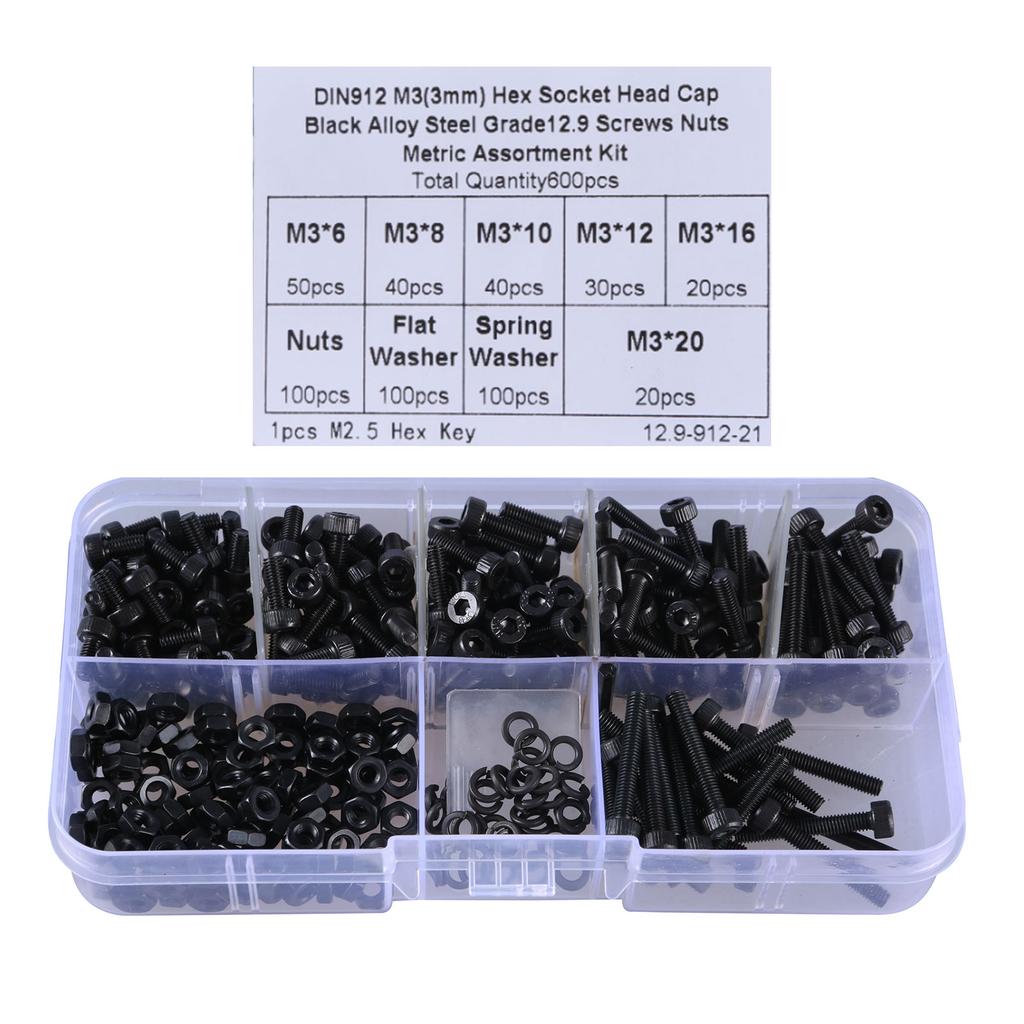 Comprehensive Hexagonal Screws with Nuts & Washers Carbon Steel Hardware Set Hexagon Socket Threaded Screws set 600pcs