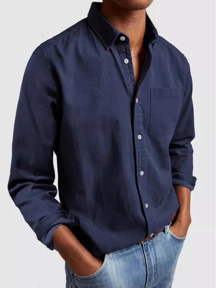 2024 European & American Men's Retro Solid Color Lapel Long Sleeve Shirt