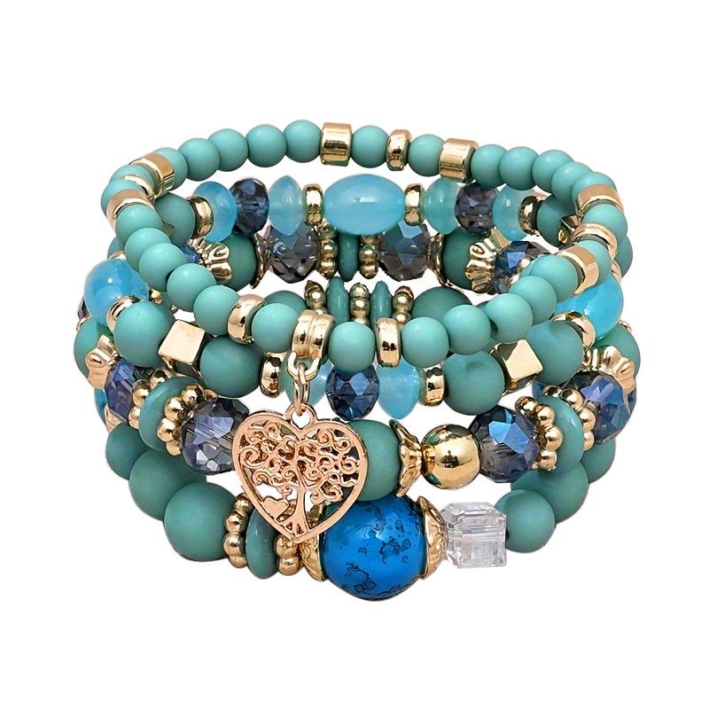 Bohemian Ethnic 4-Piece Bracelet Set: Multi-Layer Stackable with Peach Heart Tree Pendant & Acrylic Beads.