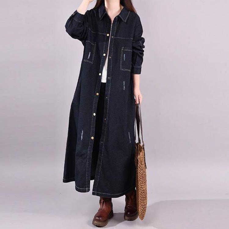 Damen Lange Denim Baumwolljacke Lockerer Trenchcoat Große Größe Einfarbige