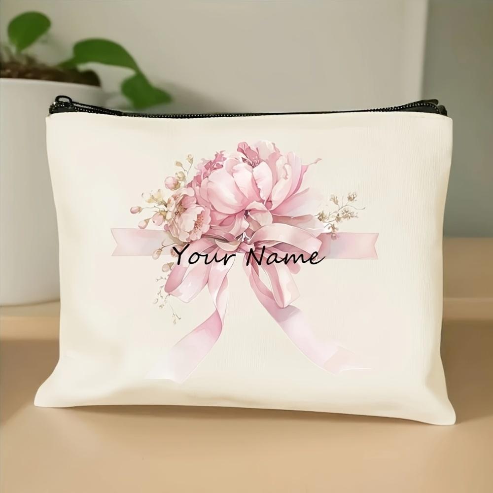 

Personalized Pink Bow Cosmetic Bag with Custom Name Elegant Makeup Organizer and Pen Holder Floral Design Gift for Mother Gift