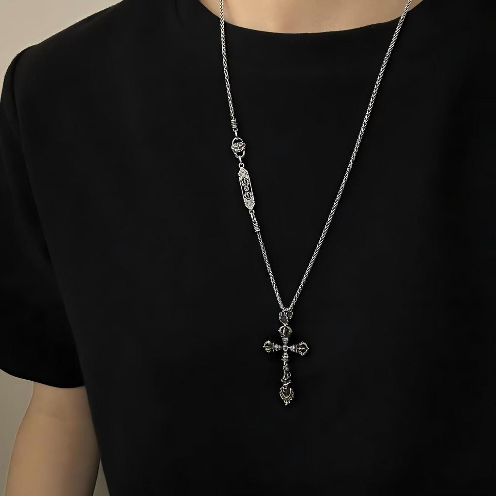 Sterling Silver Tibetan Vajra Pendant Chopin Necklace with Ruyi Knot and Devouring Beast Design - Versatile Ethnic Style Sweater Chain.